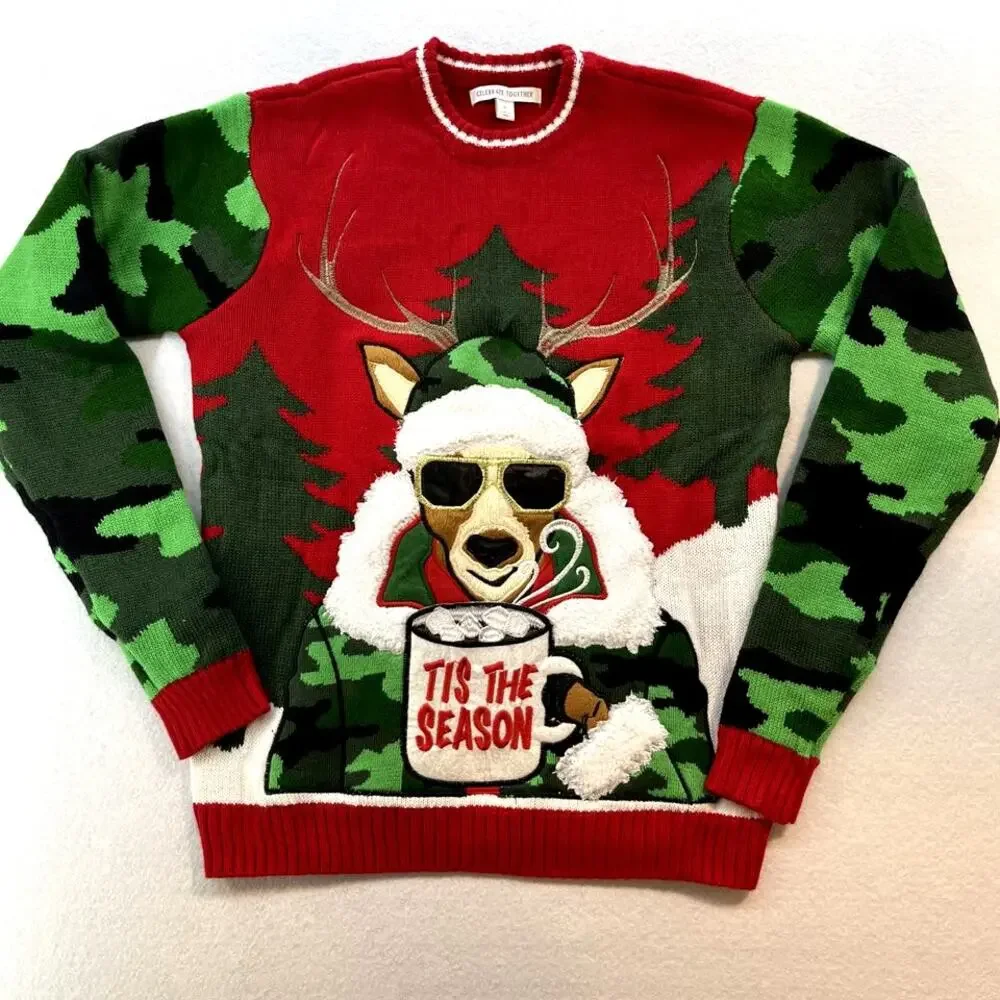 Celebrate Together Men Sz Small Christmas Sweater Deer Drinking Hot Cocoa Ugly